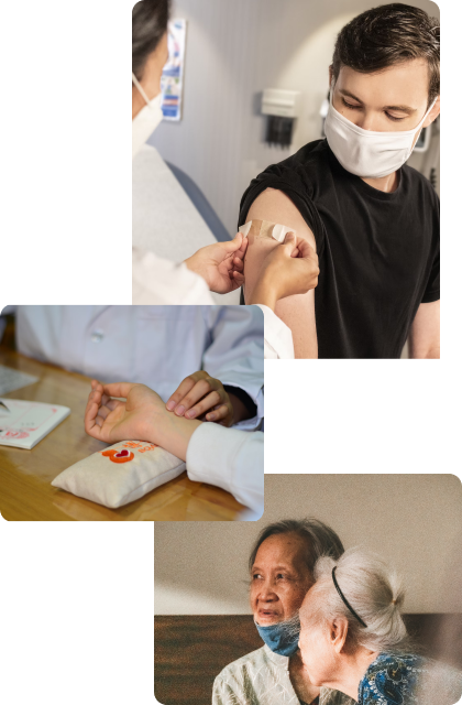 multiple images - a young adult getting a shot, taking blood pressure, and a couple of elderly women waiting at the clinic