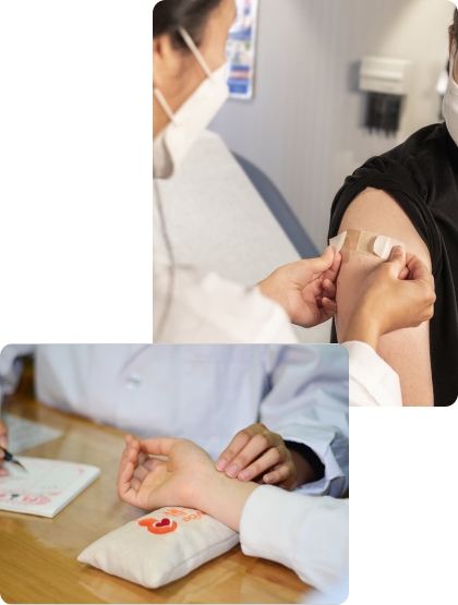 two images - one with primary care doctor administering a shot and the second with taking a patient's pulse.
